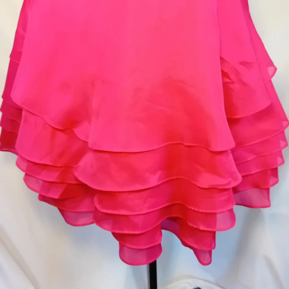 Vintage Y2K Bebe 100% Silk Mini Dress Hot Pink Ruffle One Shoulder Corset Back M - Picture 9 of 16
